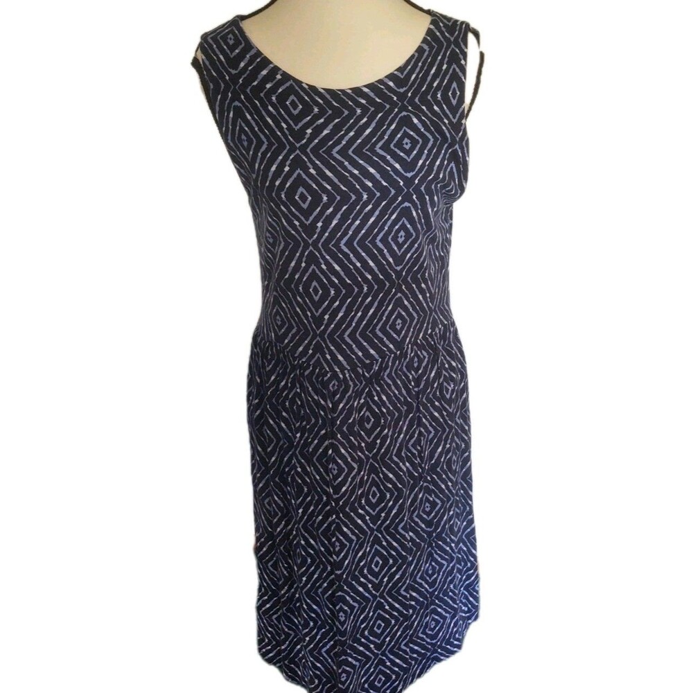 Joe Fresh Women's Patterned Dress Sz L Navy/White Sleeveless Knee Length FLAW